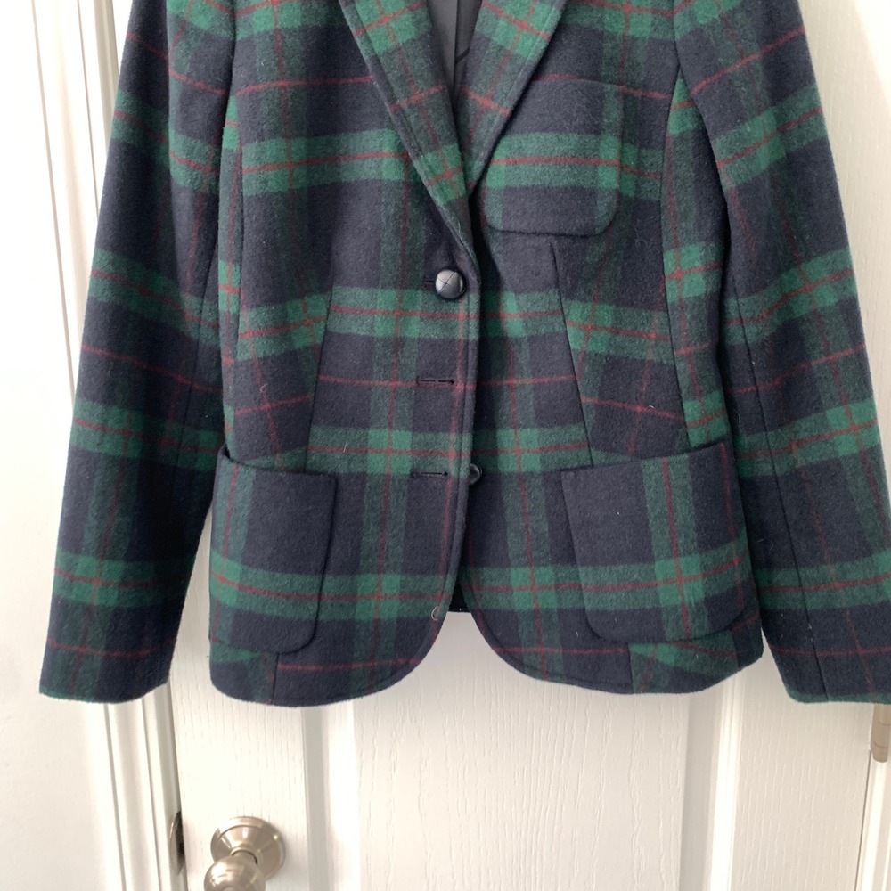 Talbots Navy Green‎ Plaid Wool Blend Blazer Jacket Size 2 Three Button Classic - Picture 3 of 11